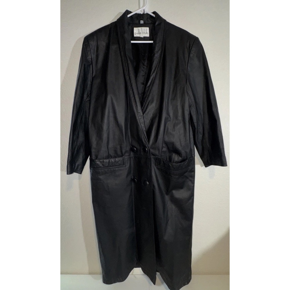 Vintage Pelle Club Black Leather Trench Coat Women's Size Medium Padded Shoulder